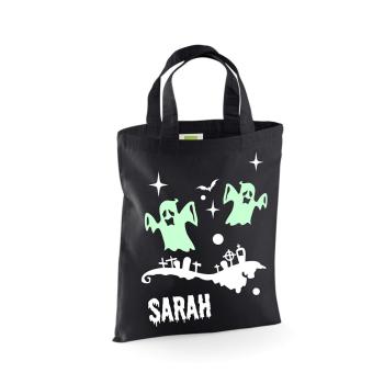 Tasche mit Text Süßes oder Saures und nachtleuchtenem Gespenst